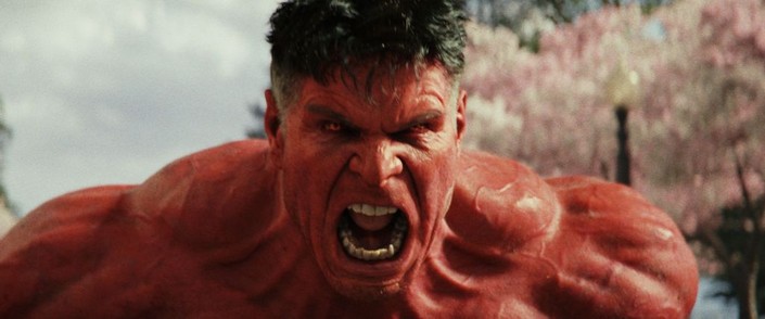 A red Hulk, looking oddly like the American president, in "Captain America: Brave New World." (Walt Disney Studios Motion Pictures)