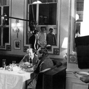 MY DINNER WITH ANDRE, director Louis Malle, Wallace Shawn, Andre Gregory, Jean Lenauer on set, 1981, (c) New Yorker Films
