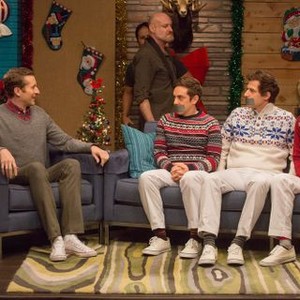 Comedy Bang! Bang!, from left: Scott Aukerman, Jorma Taccone, Andy Samberg, Akiva Schaffer, 'The Lonely Island Wear Holiday Sweaters &amp; White Pants', Season 3, Ep. #20, 12/19/2014, ©IFC