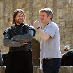 BLACK DEATH, from left: Sean Bean, director Christopher Smith, on set, 2010. ©Magnet Releasing