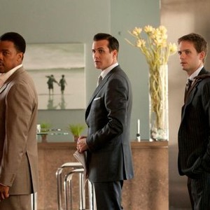 Suits, Russell Hornsby (L), Gabriel Macht (C), Patrick J Adams (R), 'Dirty Little Secrets', Season 1, Ep. #4, 07/14/2011, ©USA