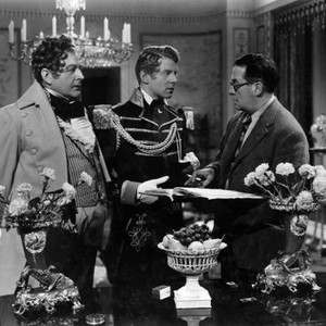 THE FIRST GENTLEMAN, Cecil Parker, Jean-Pierre Aumont, director Alberto Cavalcanti on set, 1948