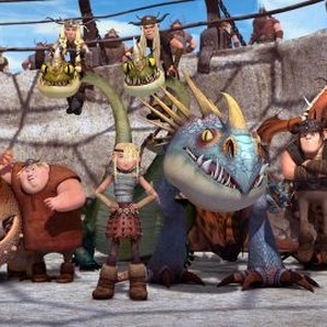 Meatlug, Fishlegs, Barf, Ruffnut, Astrid, Belch, Tuffnut, Stormfly, Snotlout and Hookfang (from left)