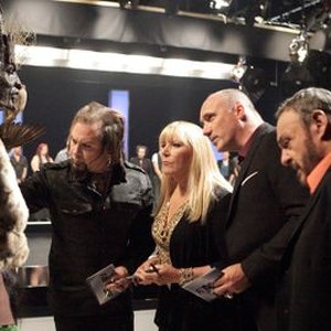 Face Off, from left: Glenn Hetrick, Ve Neill, Neville Page, John Rhys-Davies, 'Make It Reign', Season 4, Ep. #1, 01/15/2013, ©SYFY