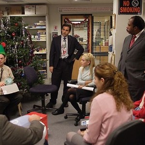 The Office, from left: Rainn Wilson, Steve Carell, Angela Kinsey, Leslie David Baker, Kate Flannery, 'Christmas Party', Season 2, Ep. #10, 12/06/2005, ©NBC