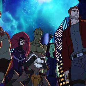 Marvel's Guardians of the Galaxy, from left: David Sobolov, Kevin Michael Richardson, Trevor Devall, Vanessa Marshall, Will Friedle, 'Crystal Blue Persuasion', Season 1, Ep. #11, ©DISNEYXD