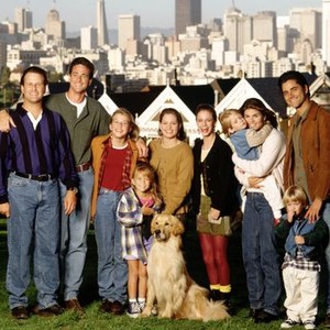 Dave Coulier, Bob Saget, Jodie Sweetin, Ashley Olsen, Comet the dog, Candace Cameron, Andrea Barber, Dylan Wilhoit, Lori Loughlin, Blake Wilhoit and John Stamos (from left)