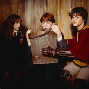 Hermione (EMMA WATSON, left) and Harry (DANIEL RADCLIFFE, right) watch as Ron (RUPERT GRINT) spits up a slug in Warner Bros. Pictures' "Harry Potter and the Chamber of Secrets."