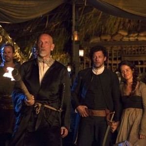 Crossbones, John Malkovich (L), Richard Coyle (C), Claire Foy (R), 'The Man Who Killed Blackbeard', Season 1, Ep. #3, 06/20/2014, ©NBC