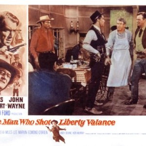 THE MAN WHO SHOT LIBERTY VALANCE, left from top: Vera Miles, James Stewart, John Wayne, right from center: James Stewart, John Wayne, 1962.