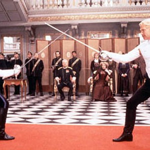 Laertes (Michael Maloney, left) and Hamlet (Kenneth Branagh, right) square off in a duel.
