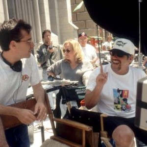 JINGLE ALL THE WAY, producer Chris Columbus, director Brian Levant, on set, 1996. TM and Copyright ©20th Century Fox Film Corp. All rights reserved.