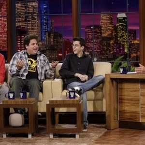 The Tonight Show With Jay Leno, from left: Michael Cera, Jonah Hill, Christopher Mintz-Plasse, Jay Leno, 'Season', ©NBC