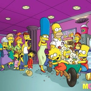 THE SIMPSONS MOVIE, Marge Simpson (center, voice: Julie Kavner),  Homer Simpson (back, right of center, voice: Dan Castellaneta), Lisa Simpson (front, second from left, voice: Yeardley Smith), Maggie Simpson (in wheelbarrow), Bart Simpson (right, voice: Na