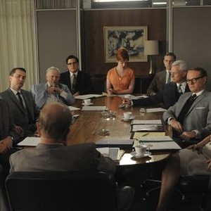 Mad Men, from left: Jon Hamm, Vincent Kartheiser, Robert Morse, Rich Sommer, Christina Hendricks, Aaron Staton, John Slattery, Jared Harris, Cara Buono, 'Blowing Smoke', Season 4, Ep. #12, 10/10/2010, ©AMC