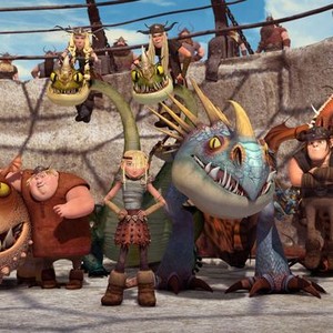 Meatlug, Fishlegs, Barf, Ruffnut, Astrid, Belch, Tuffnut, Stormfly, Snotlout and Hookfang (from left)