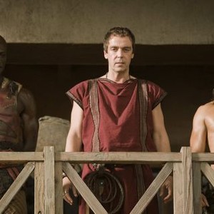 Spartacus: Gods of the Arena, Peter Mensah (L), John Hannah (C), Dustin Clare (R), 01/21/2011, ©STARZPR