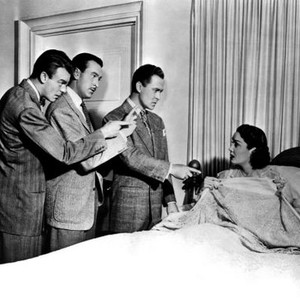 UP IN MABEL'S ROOM, from left, Dennis O'Keefe, Lee Bowman, John Hubbard, Gail Patrick, 1944