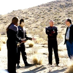 STAR TREK: NEMESIS, Michael Dorn, Brent Spiner, Patrick Stewart, & Rick Berman (Executive Producer), in a candid on location, 2002.  Copyright  © 2002 by Paramount Pictures/.