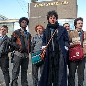 (L-R) Kyle Bradley Donaldson as Fifth Former, Percy Chamburuka as Ngig, Ben Carolan as Darren, Ferdia Walsh-Peelo as Cosmo, Conor Hamilton as Larry and Mark McKenna as Eamon in "Sing Street."