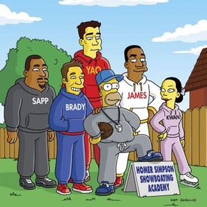 The Simpsons, from left: Warren Sapp, Tom Brady, Dan Castellaneta, LeBron James, Michelle Kwan, 'Homer and Ned's Hail Mary Pass', Season 16, Ep. #8, 02/06/2005, ©FXX