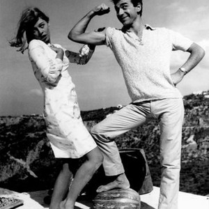 DARLING, from left: Julie Christie, Roland Curram fooling around on set, 1965