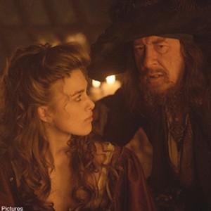 After kidnapping Elizabeth (Keira Knightley, right), Captain Barbossa (Geoffrey Rush, left) vividly describes to her the curse that torments him - and that can only be broken with her help.