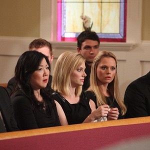 Drop Dead Diva, from left: Josh Stamberg, Margaret Cho, April Bowlby, Kate Levering, Carter MacIntyre, 'Ashes to Ashes', Season 4, Ep. #9, 08/05/2012, ©LIFETIME