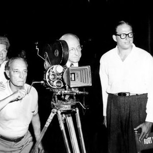 THE BUSTER KEATON STORY, on set from left to right, Donald O'Connor, Buster Keaton, Cecil B. Demille and Director Sidney Sheldon, 1957