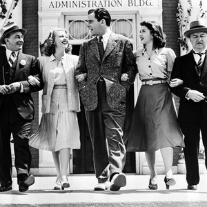 DANCING CO-ED, from left: Leon Errol, Lana Turner, Richard Carlson, Ann Rutherford, Chester Clute on set, 1939