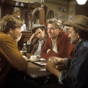 HEARTS OF THE WEST, seated left: Burton Gilliam, Jeff Bridges, seated right: Matt Clark, Andy Griffith, 1975