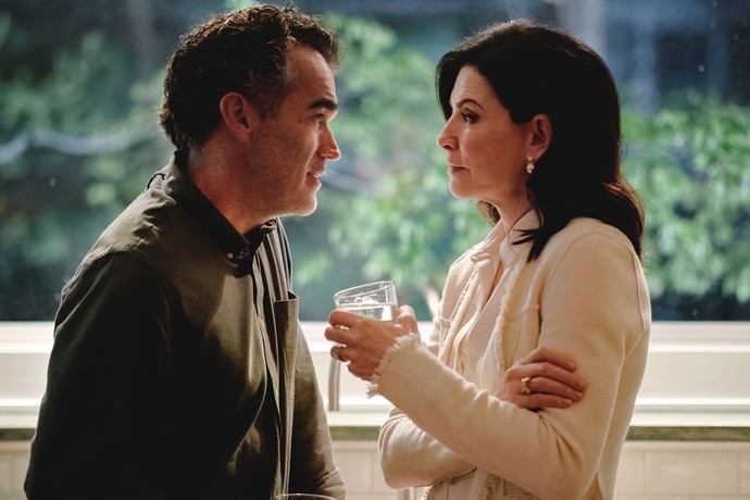 Dennis (Brian d'Arcy James) with his former fling, Maggie (Julianna Margulies), in "Millers in Marriage." (Republic Pictures)