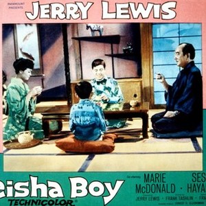 THE GEISHA BOY, from left: Nobu McCarthy, Robert Hirano (back to camera), Jerry Lewis, Sessue Hayakawa, 1958