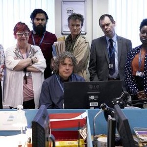 (L-R) Natalie Moore, Jo Brand, Himesh Patel, Alan Davies, Georgie Glen, Kevin-Eldon, Lolly Adefope.