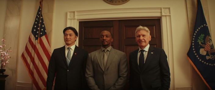 (L–R) Prime Minister Ozaki (Takehiro Hira), Captain America (Anthony Mackie), and President Thaddeus Ross (Harrison Ford) at the White House, in "Captain America: Brave New World." (Walt Disney Studios Motion Pictures)