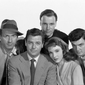 HOLIDAY FOR SINNERS, from left: Keenan Wynn, Gig Young, Richard Anderson, Janice Rule, William Campbell, 1952