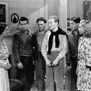 MUG TOWN, from left, Virginia Brissac, Gabriel Dell, Bernard Punsly, Huntz Hall, Billy Halop, Grace McDonald, 1943