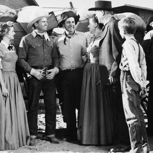 PACK TRAIN, first, second, third, fourth, fifth and sixth from left: Gail Davis, Gene Autry, Smiley Burnette, Louise Lorimerm Tom London, B G Norman, 1953