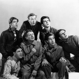 GIVE US WINGS, from left, front, Shemp Howard, Wallace Ford, Bobby Jordan, Bernard Punsly; back, Billy Halop, Huntz Hall, Gabriel Dell, 1940