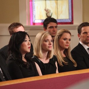 Drop Dead Diva, from left: Josh Stamberg, Margaret Cho, April Bowlby, Jackson Hurst, Kate Levering, Carter MacIntyre, 'Ashes to Ashes', Season 4, Ep. #9, 08/05/2012, ©LIFETIME