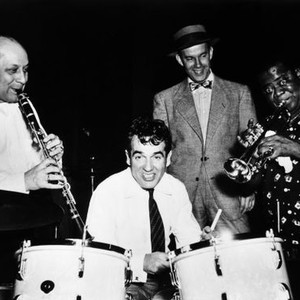 THE GLENN MILLER STORY, Barney Bigard, Gene Krupa, Harry Morgan, Louis Armstrong on set, 1953