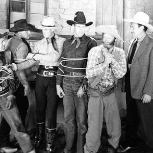 LAW OF THE SADDLE, first five from left: Frank Ellis, Al Ferguson, Robert Livingston, Lane Chandler, Al St John, 1943