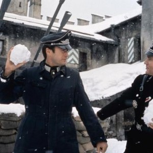 WHERE EAGLES DARE, Clint Eastwood, Derren Nesbitt engage in a snowball fight on set, 1968