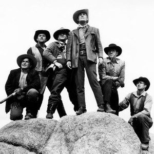 THE DOOLINS OF OKLAHOMA, from left: Noah Beery Jr., John Ireland, Charles Kemper, Randolph Scott, Frank Fenton, Jock Mahoney, 1949