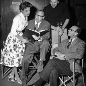 THE JAYHAWKERS, Nicole Maurey, producer and director Melvin Frank, Fess Parker, producer Norman Panama, on-set, 1959