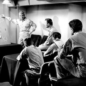 AWAY ALL BOATS, Jeff Chandler (far left), Lex Barker (center, top), 1956