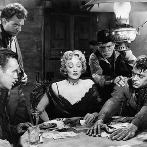 RANCHO NOTORIOUS, Arthur Kennedy (back left), Marlene Dietrich, Jack Elam (right), 1952