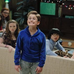 The Goldbergs, from left: Natalie Alyn Lind, Sean Giambrone, Kenny Ridwan, Jacob Hopkins, 'You're Not Invited', Season 1, Ep. #20, 04/08/2014, ©ABC