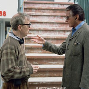 Writer, director and star WOODY ALLEN and actor GEORGE HAMILTON on the set of Allen's contemporary comedy HOLLYWOOD ENDING.