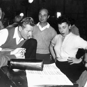 THE FIVE PENNIES, Danny Kaye, director Melville Shavelson, Sylvia Fine listening to one of the film's song on set, 1959